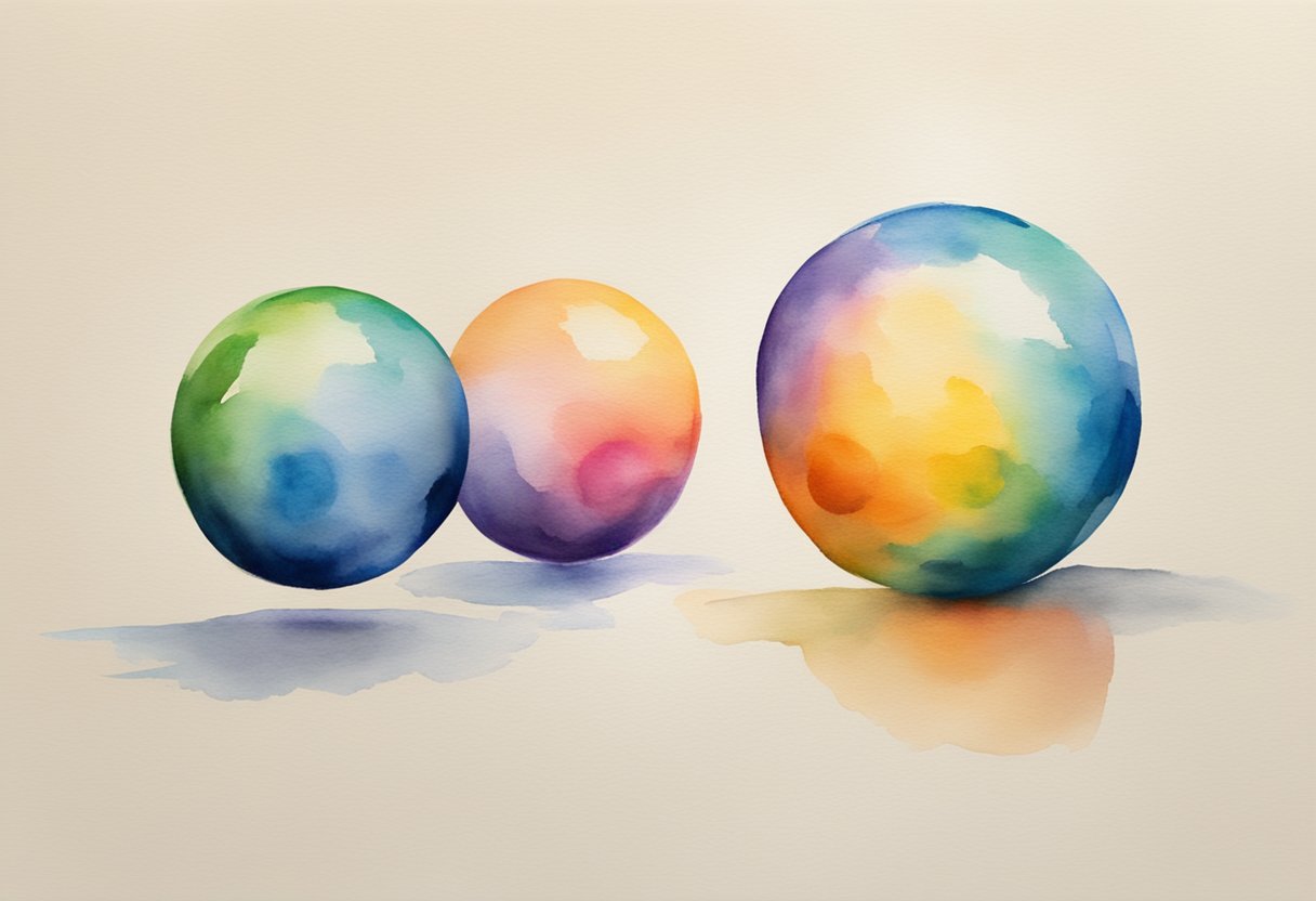 A set of three colorful juggling balls mid-air, with a clear trajectory and motion blur, against a neutral background