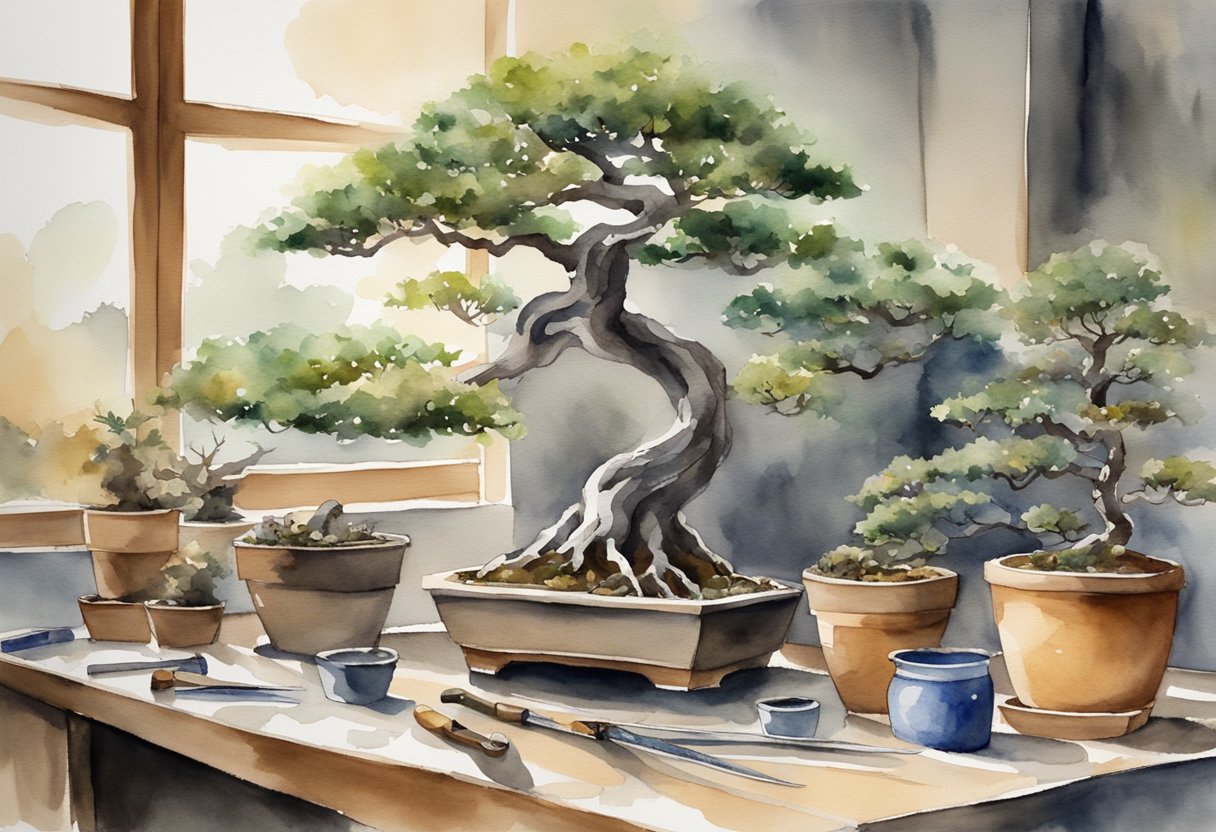 A bonsai tree being carefully pruned and shaped with small scissors and wire, surrounded by a collection of various bonsai tools and pots