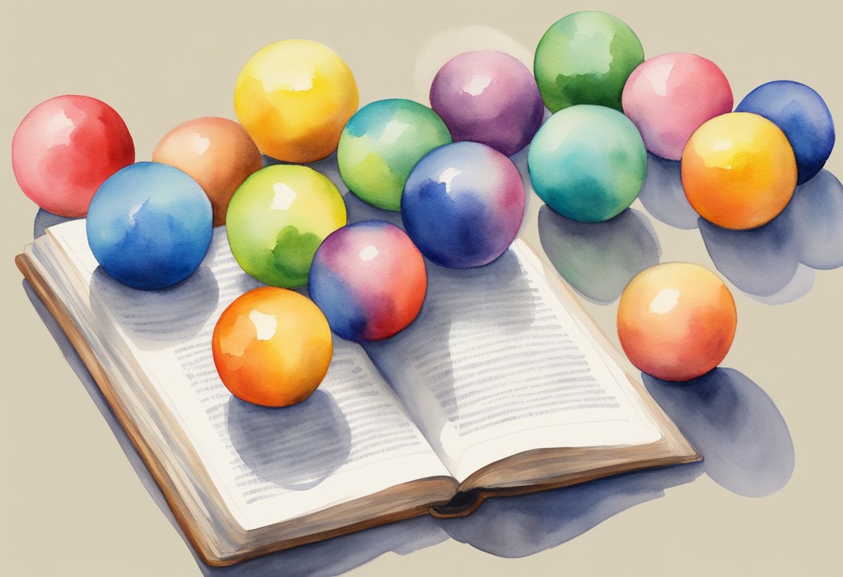 Colorful juggling balls in mid-air, arranged in a step-by-step pattern, with a beginner's guide book open nearby