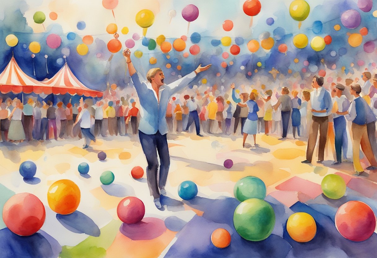 A colorful array of juggling balls and clubs scattered on the floor, with a backdrop of vibrant circus tents and a joyful crowd in the background