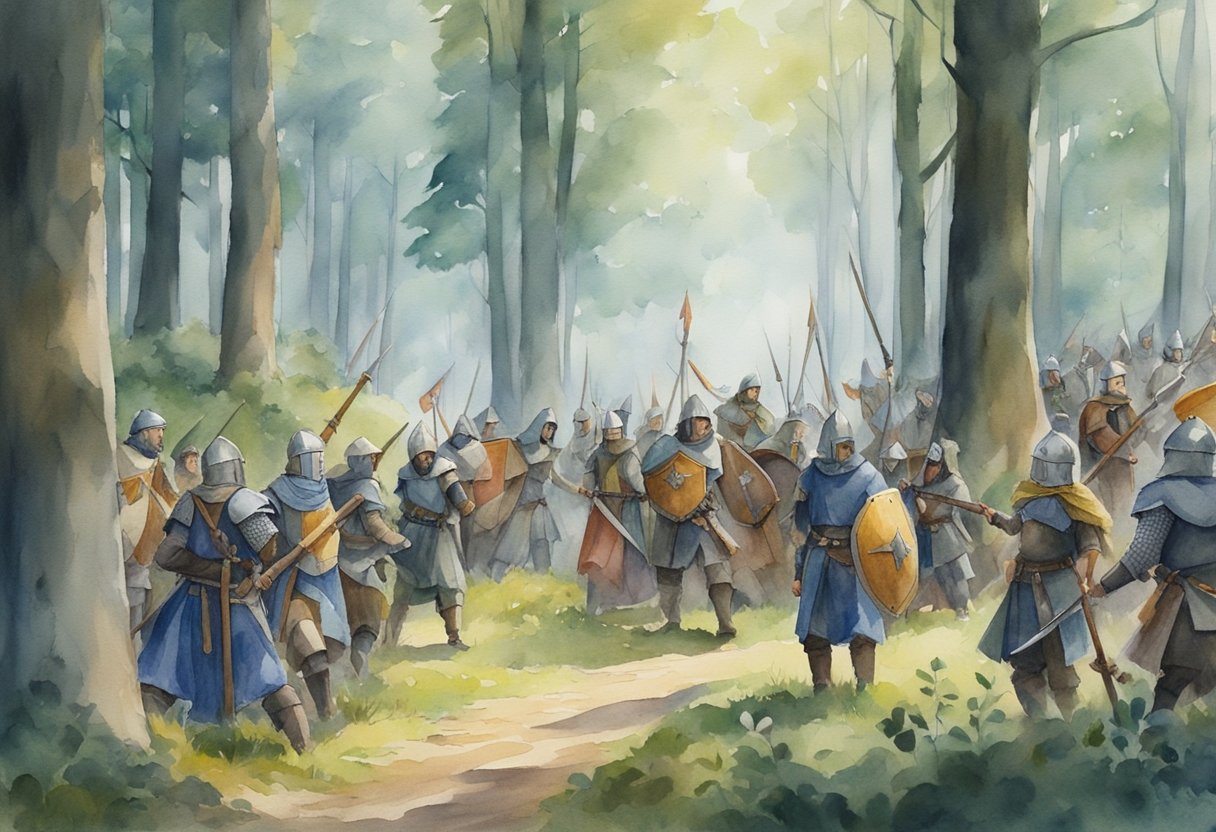 A group of LARPers gather in a forest clearing, dressed in medieval costumes. They wield foam weapons and shields, engaged in mock battles and role-playing scenarios. The atmosphere is filled with excitement and camaraderie