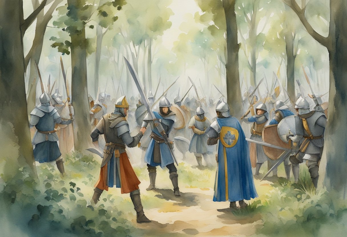 A group of people gather in a wooded area, dressed in medieval-inspired costumes. They wield foam swords and shields, engaging in mock battles and role-playing as characters from a fantasy world