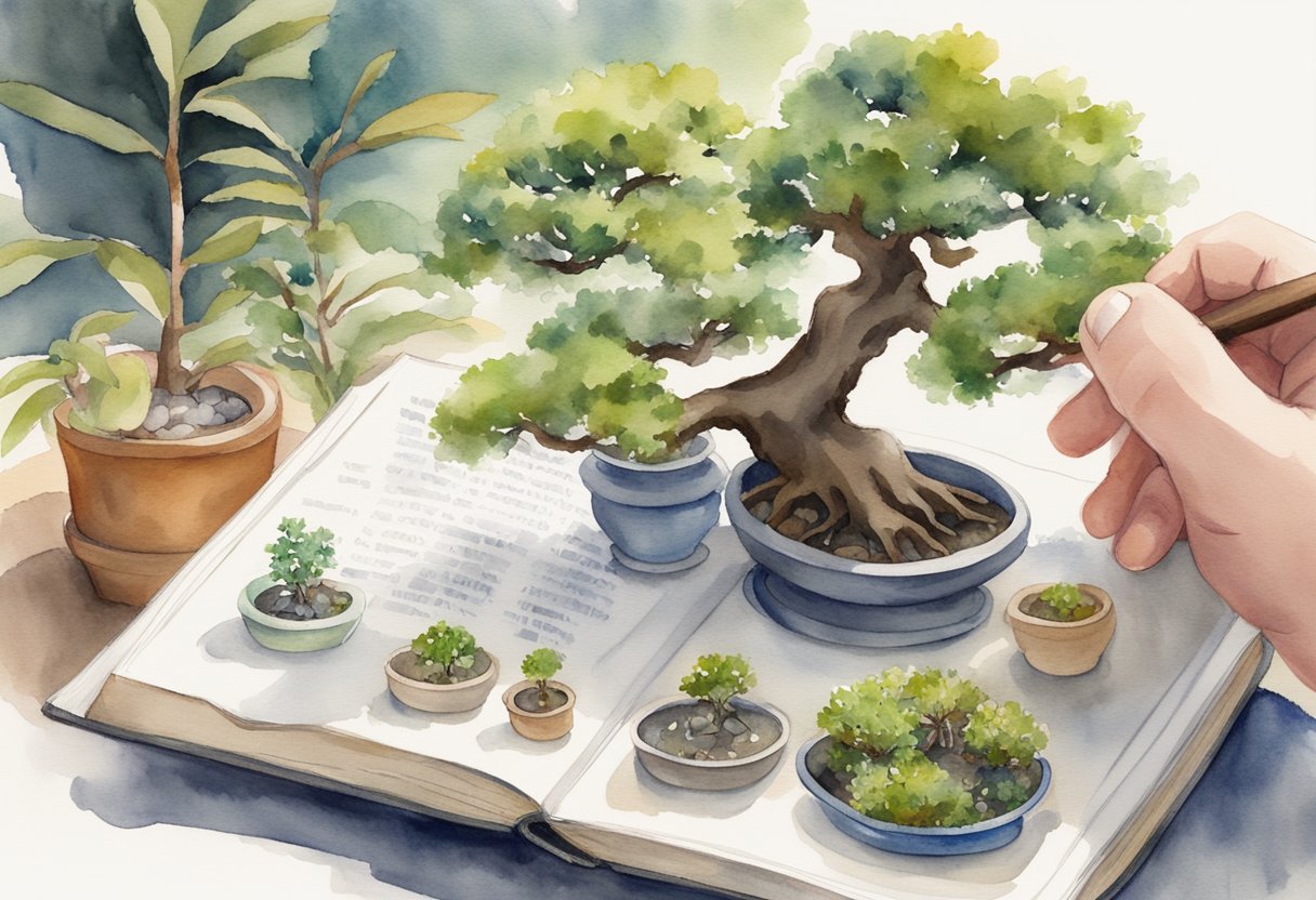 A person carefully selects a small bonsai tree from a collection of various species. They hold the book "Beginner's Guide to Bonsai Keeping as a Hobby" in one hand, while examining the different options with their other hand