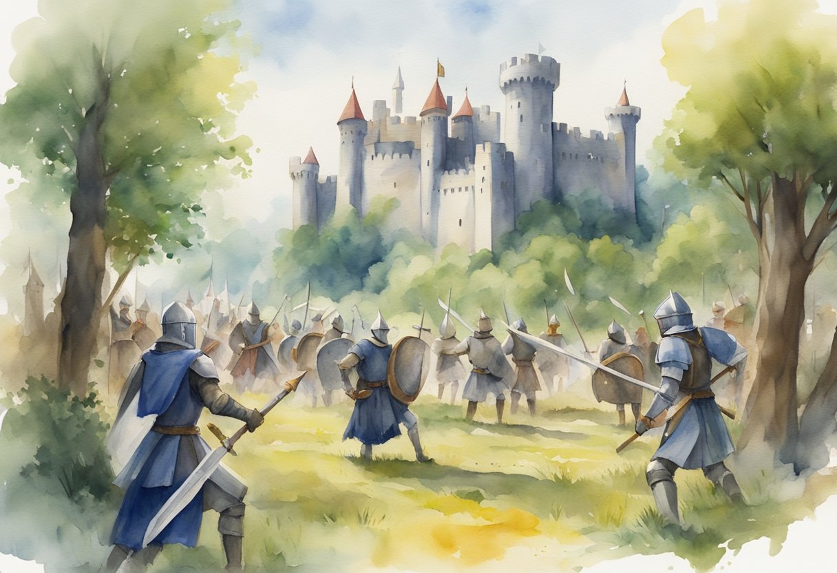 Players in medieval attire gather in a forest clearing, wielding foam swords and shields. A castle backdrop looms in the distance, setting the stage for a lively LARP adventure
