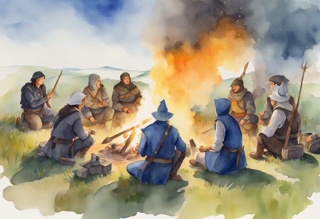 A group of LARPers gathered around a campfire, practicing safety and etiquette. Weapons are sheathed, and participants are engaging in respectful role-playing