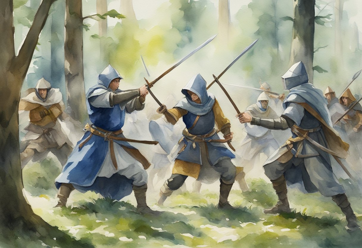 A group of LARPers in medieval costumes engage in a battle using foam weapons in a forest clearing, with dramatic poses and intense expressions