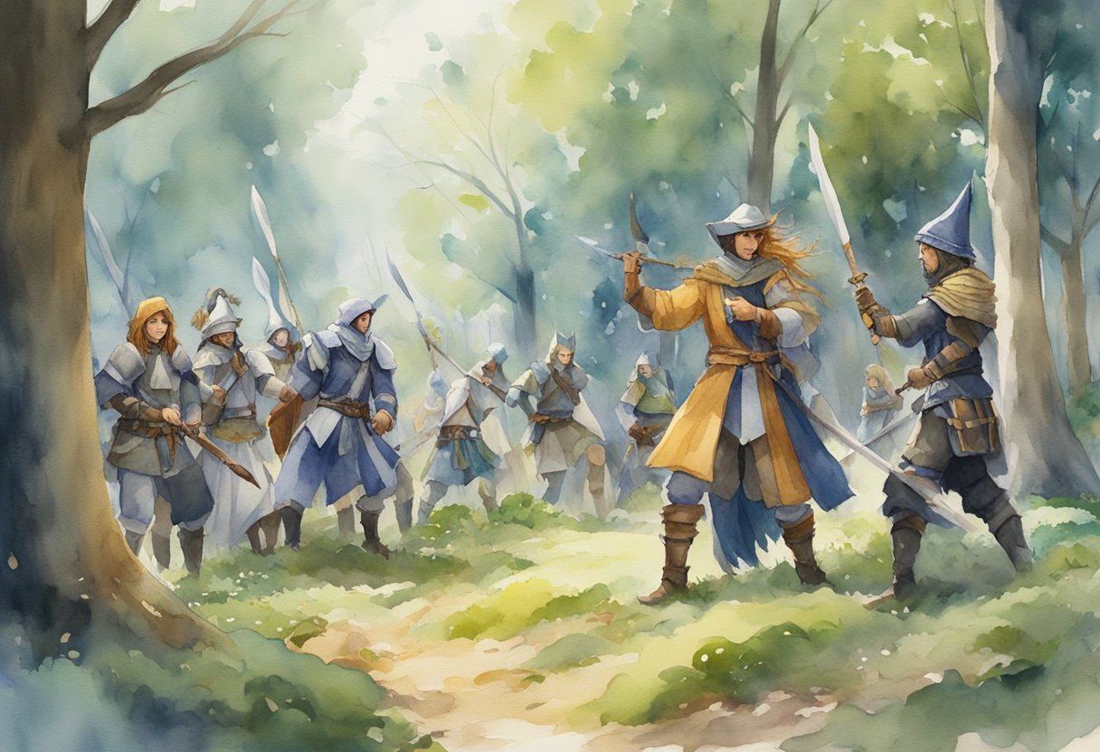 A group of LARPers gather in a forest clearing, dressed in elaborate costumes and wielding foam weapons. They engage in mock battles, casting spells and role-playing characters from fantasy worlds. The atmosphere is filled with excitement and camaraderie