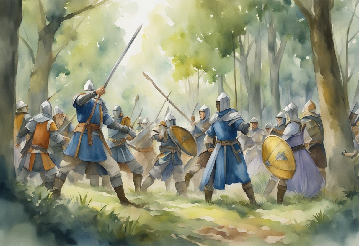 A group of LARPers gather in a forest clearing, dressed in medieval costumes and wielding foam swords and shields. They engage in mock battles, casting spells and role-playing their characters with enthusiasm