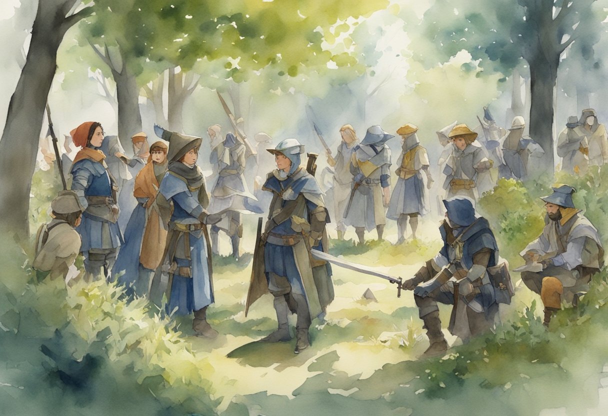 A group of LARPers in costume gather in a clearing, weapons and props scattered around. A beginner reads a guidebook while others engage in lively conversation