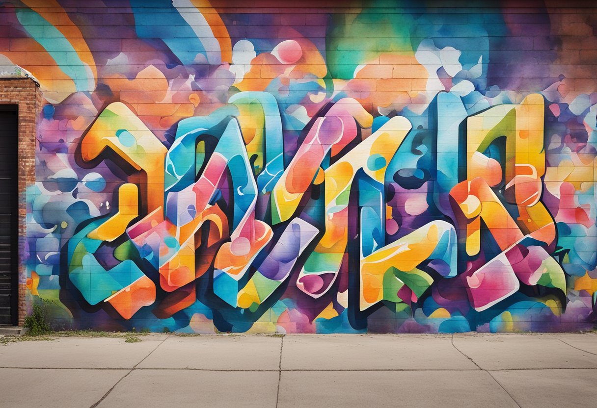A colorful mural covers a brick wall, with spray paint cans and stencils scattered on the ground. Bright, bold letters and intricate designs fill the space, showcasing the art of graffiti