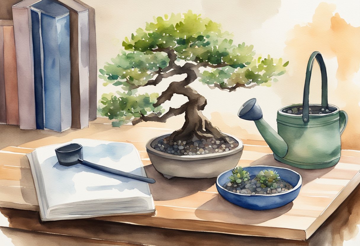 A small bonsai tree sits on a wooden table, surrounded by various tools and a watering can. A book titled "Training Techniques Beginner's Guide to Bonsai Keeping as a Hobby" is open nearby