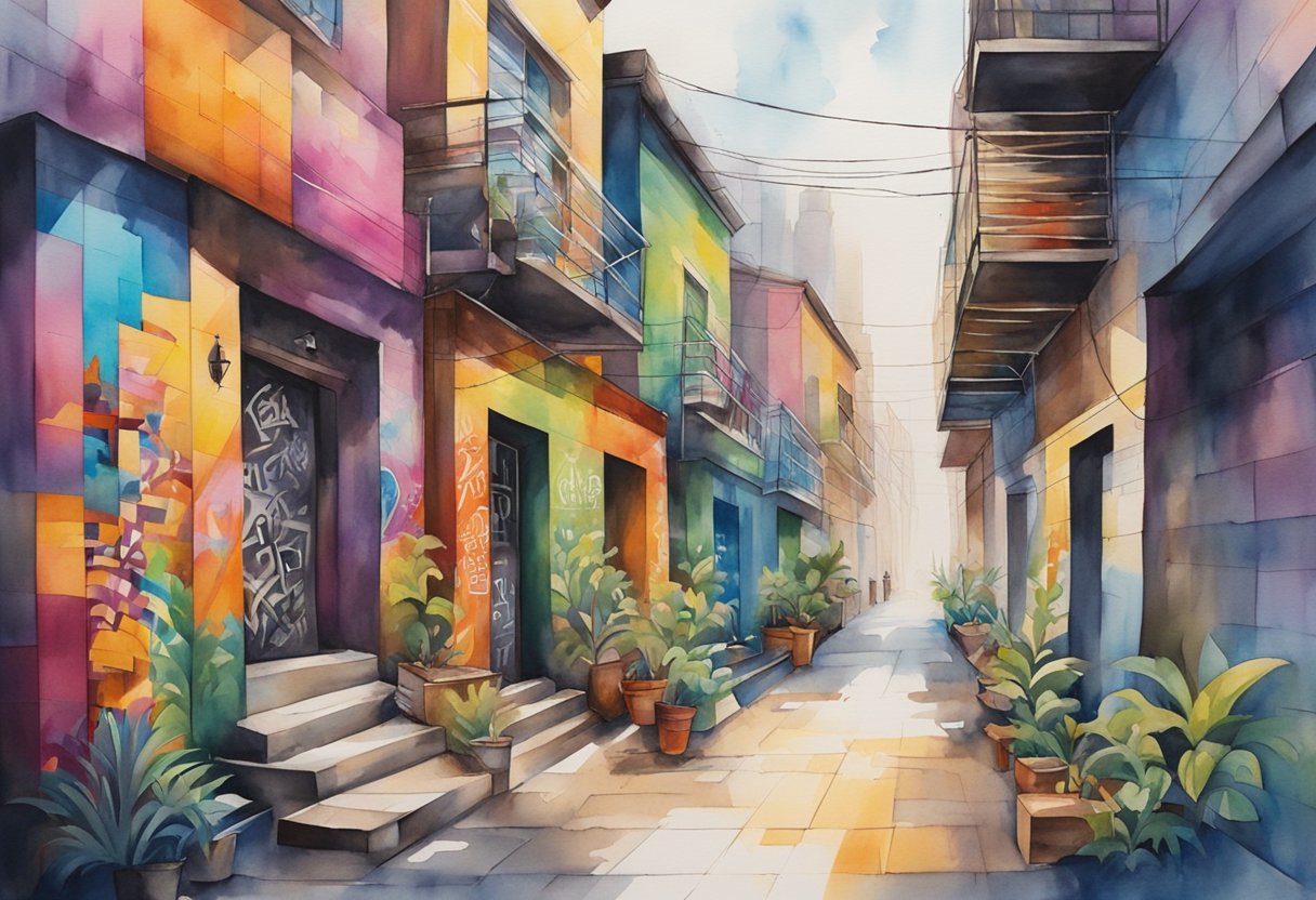 A vibrant city alleyway filled with colorful graffiti art, showcasing various styles and techniques. Bold lettering, intricate designs, and dynamic characters cover the walls, creating an energetic and expressive atmosphere