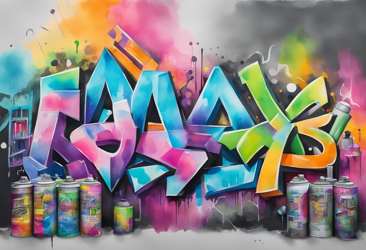 A colorful graffiti wall with "FAQ Beginner's Guide to Graffiti" in bold letters, surrounded by spray paint cans and artistic tools