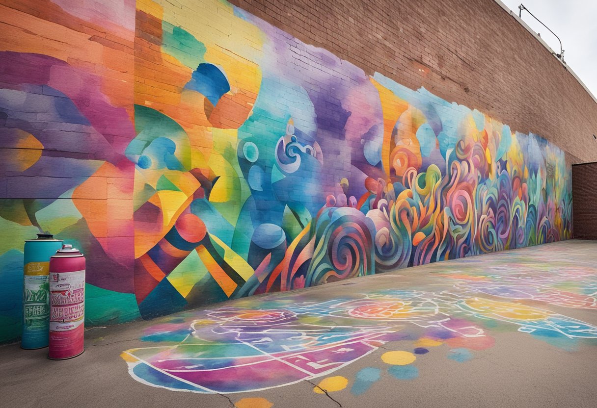 A colorful mural covers the brick wall, showcasing intricate lettering and vibrant designs. Nearby, a group of spray paint cans and stencils lay scattered on the ground, hinting at the artist's process