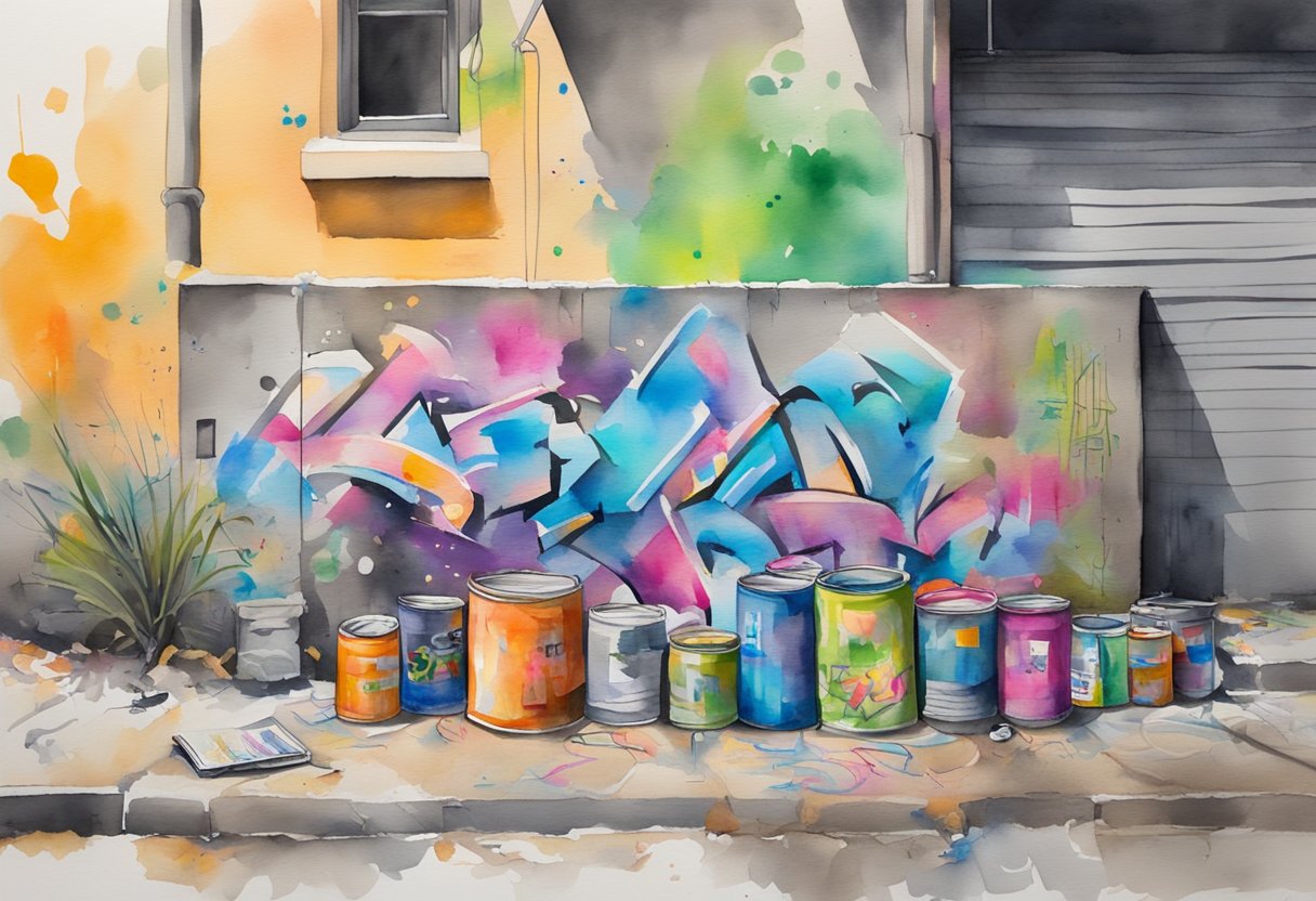 A wall covered in vibrant graffiti, with cans of spray paint scattered on the ground. A graffiti artist's sketchbook lies open, filled with colorful designs and lettering