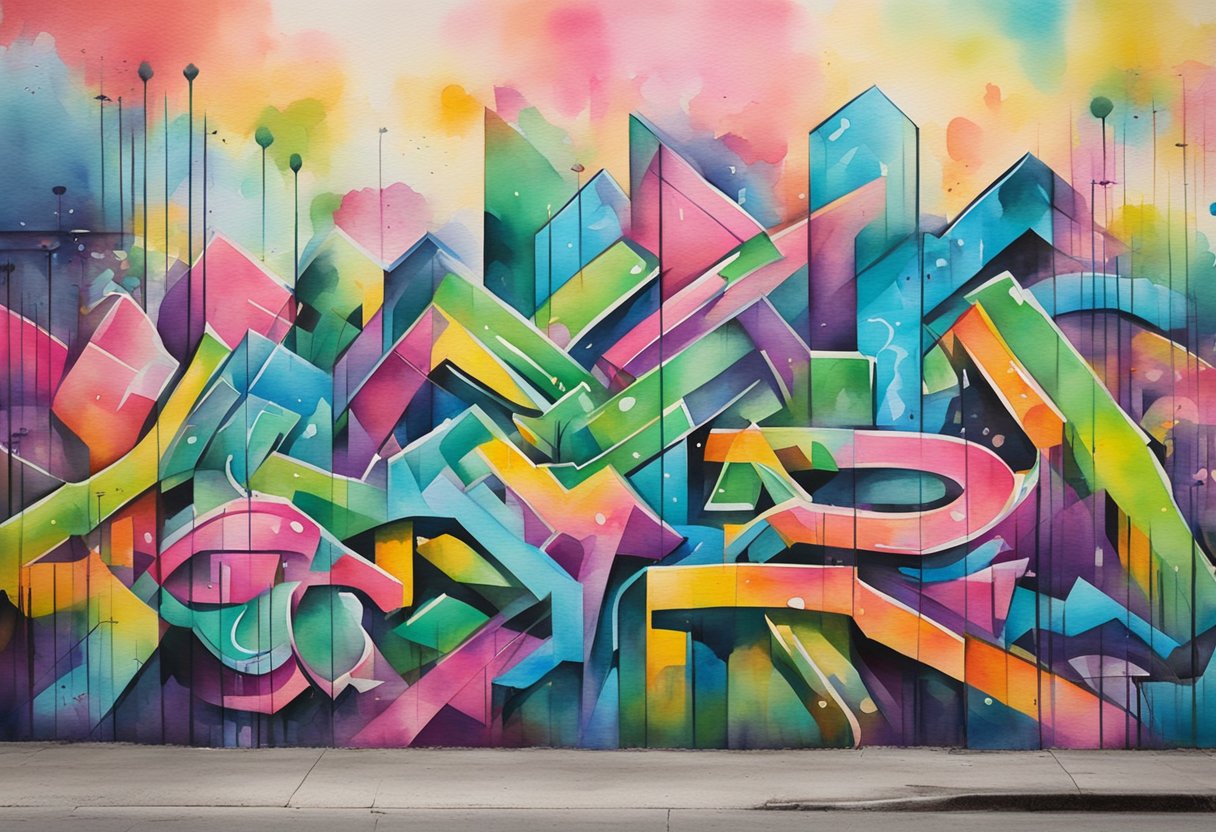 A colorful urban wall adorned with vibrant graffiti art, showcasing bold lettering, intricate designs, and expressive imagery