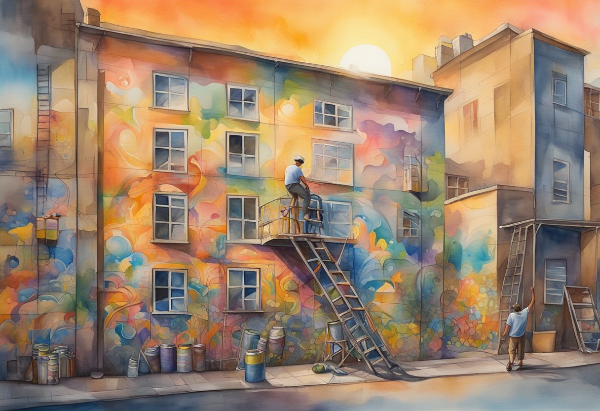 A graffiti artist spray paints a vibrant mural on a city wall, surrounded by cans of paint and a ladder. The sun sets, casting a warm glow on the urban landscape