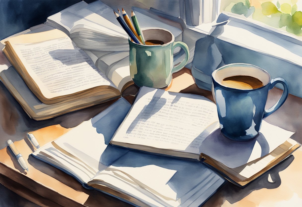 A cluttered desk with open notebooks, pens, and a mug of coffee. Sunlight streams through the window, casting shadows on the pages. A dictionary and thesaurus sit nearby, ready for use