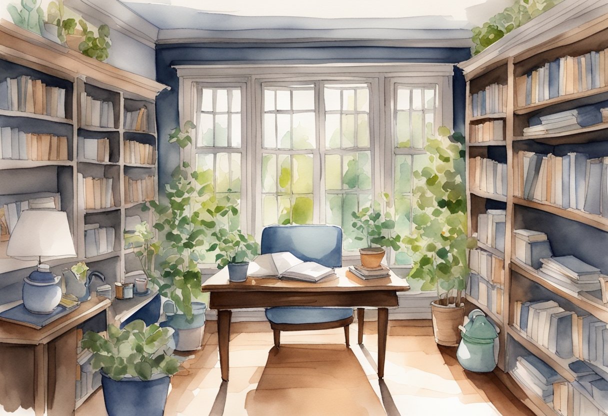 A cozy study with a desk, bookshelves, and a window overlooking a garden. A pen and notebook sit on the desk, surrounded by poetry books and a mug of tea