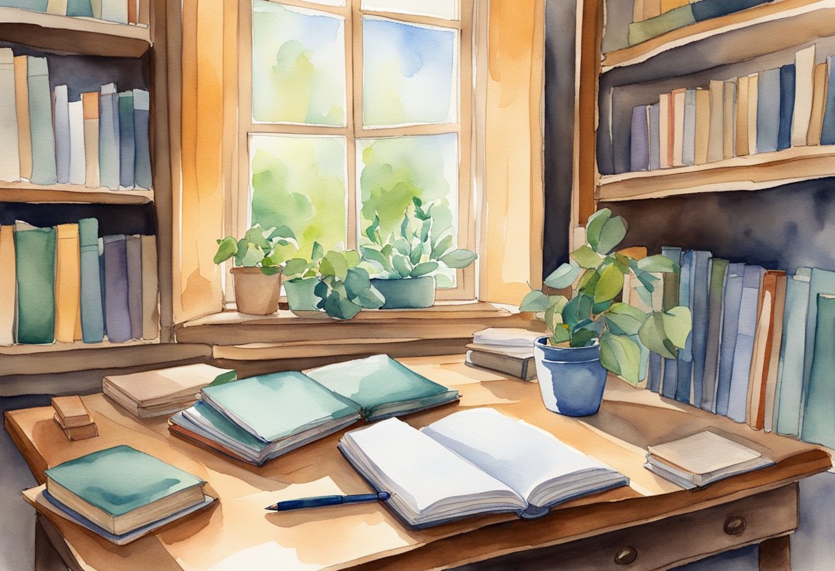 A cozy study with books, a desk, and a window; a pen and notebook lay open, ready for writing. A warm, inviting atmosphere for diving into the world of poetry