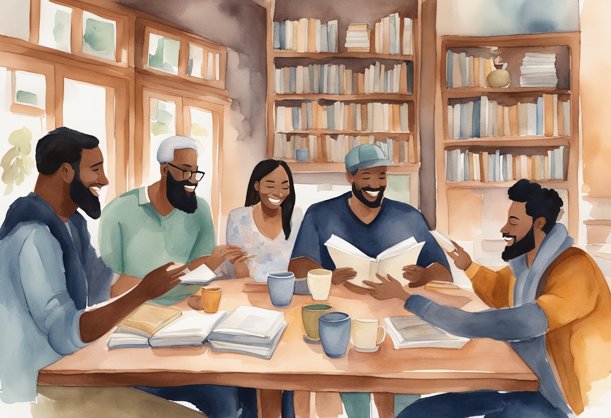 A group of diverse individuals gather in a cozy cafe, exchanging books and discussing various poetry forms. Laughter and animated conversations fill the air as they bond over their shared love for poetry