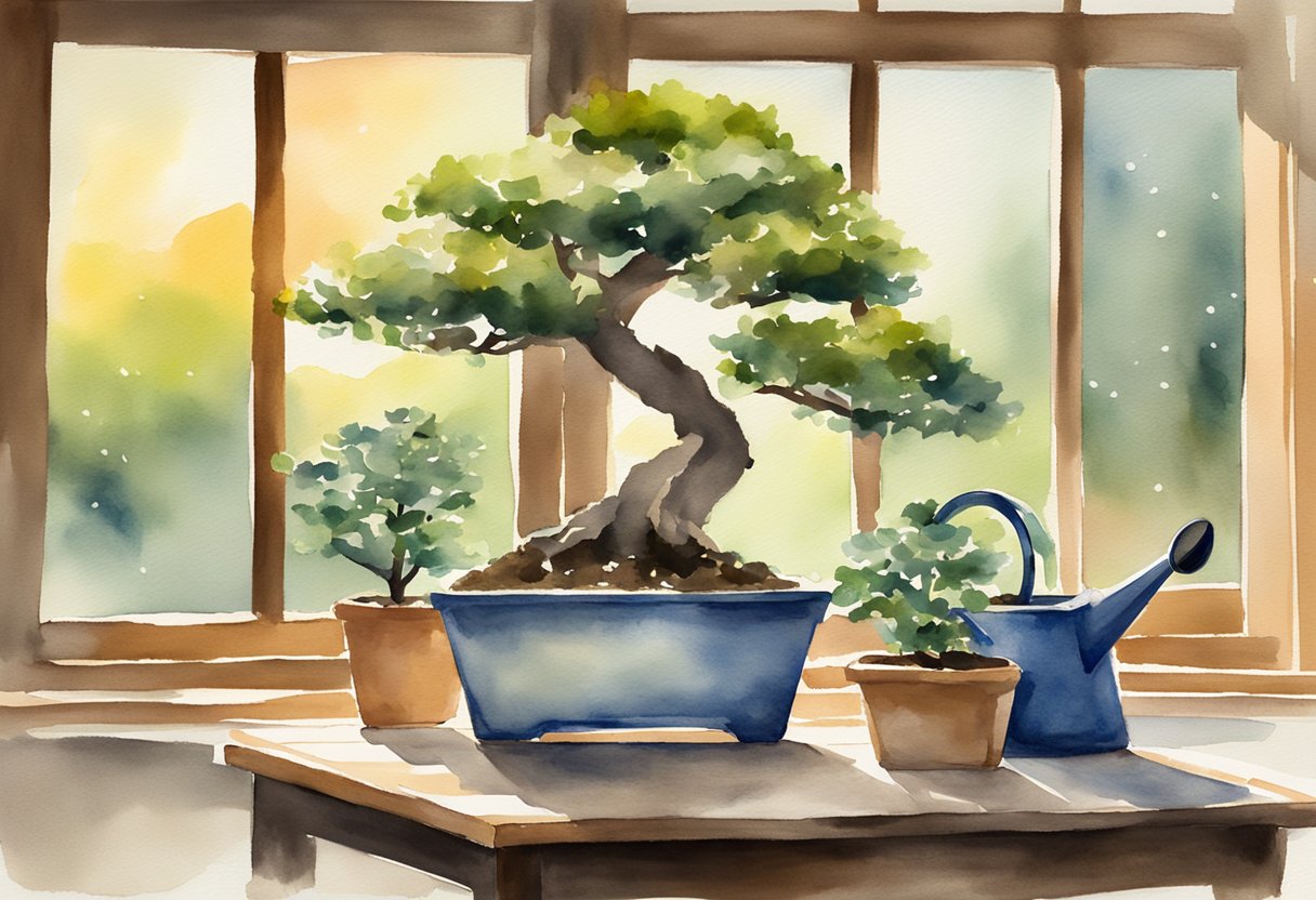 A small bonsai tree sits on a wooden table, surrounded by gardening tools and a watering can. Sunlight streams through a nearby window, casting a warm glow on the peaceful scene