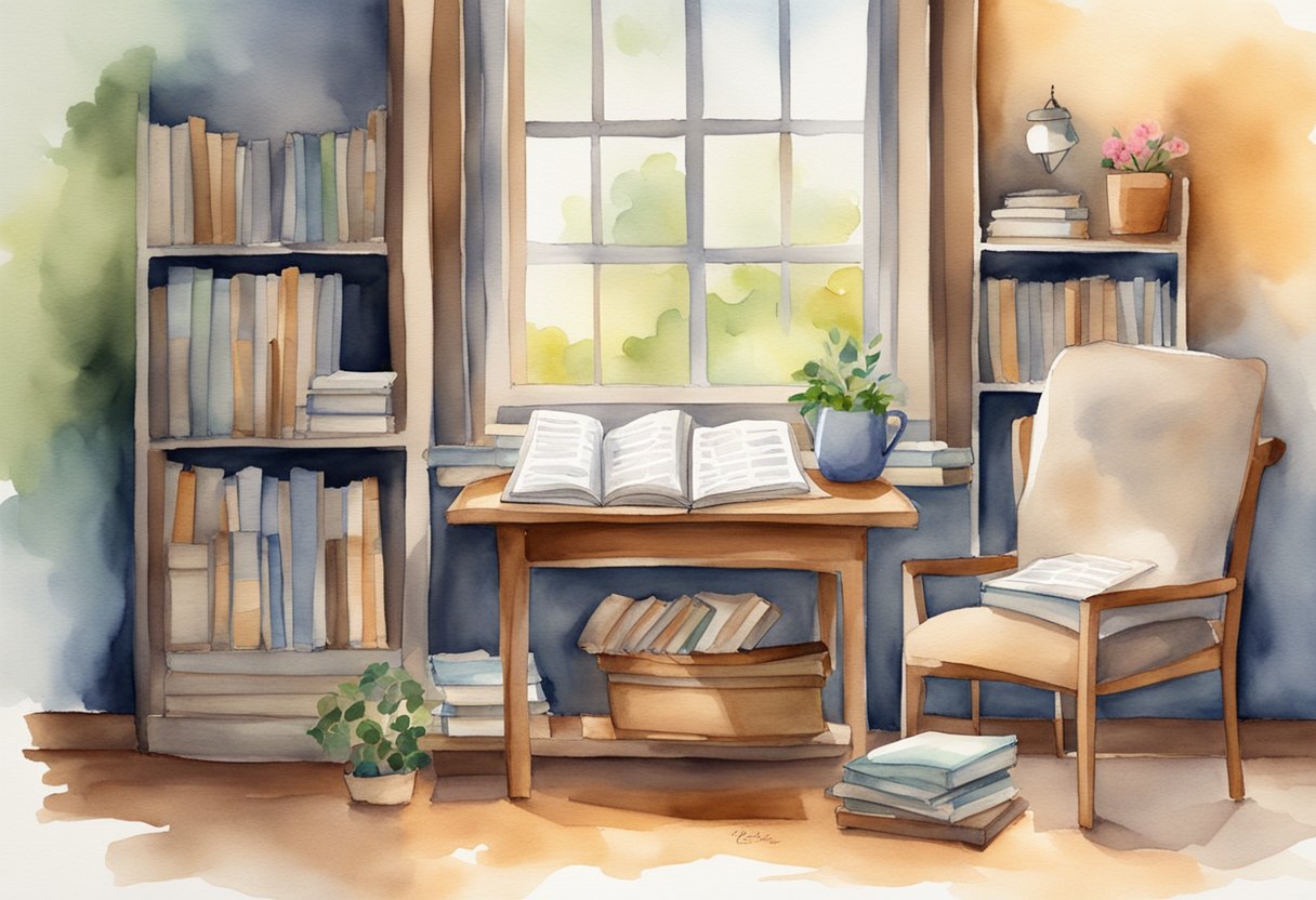 A cozy reading nook with a stack of poetry books, a warm cup of tea, and a notebook for jotting down thoughts and ideas