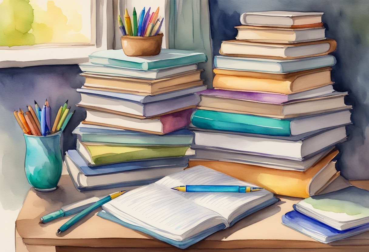 A stack of poetry books surrounded by colorful pens and notebooks, with a cozy reading nook in the background