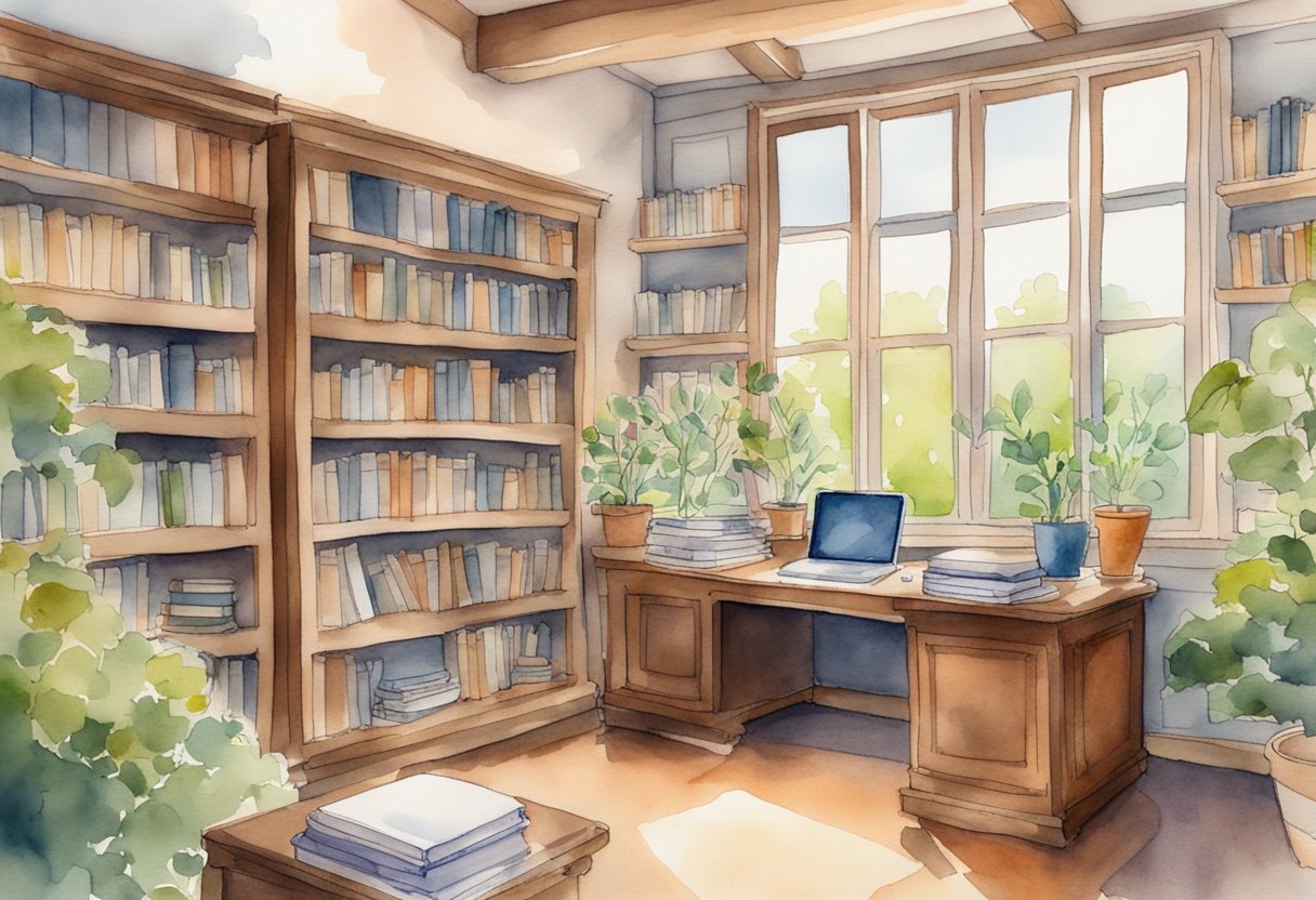 A cozy study with a desk, bookshelves, and a window overlooking a garden. A pen and notebook sit on the desk, surrounded by poetry books