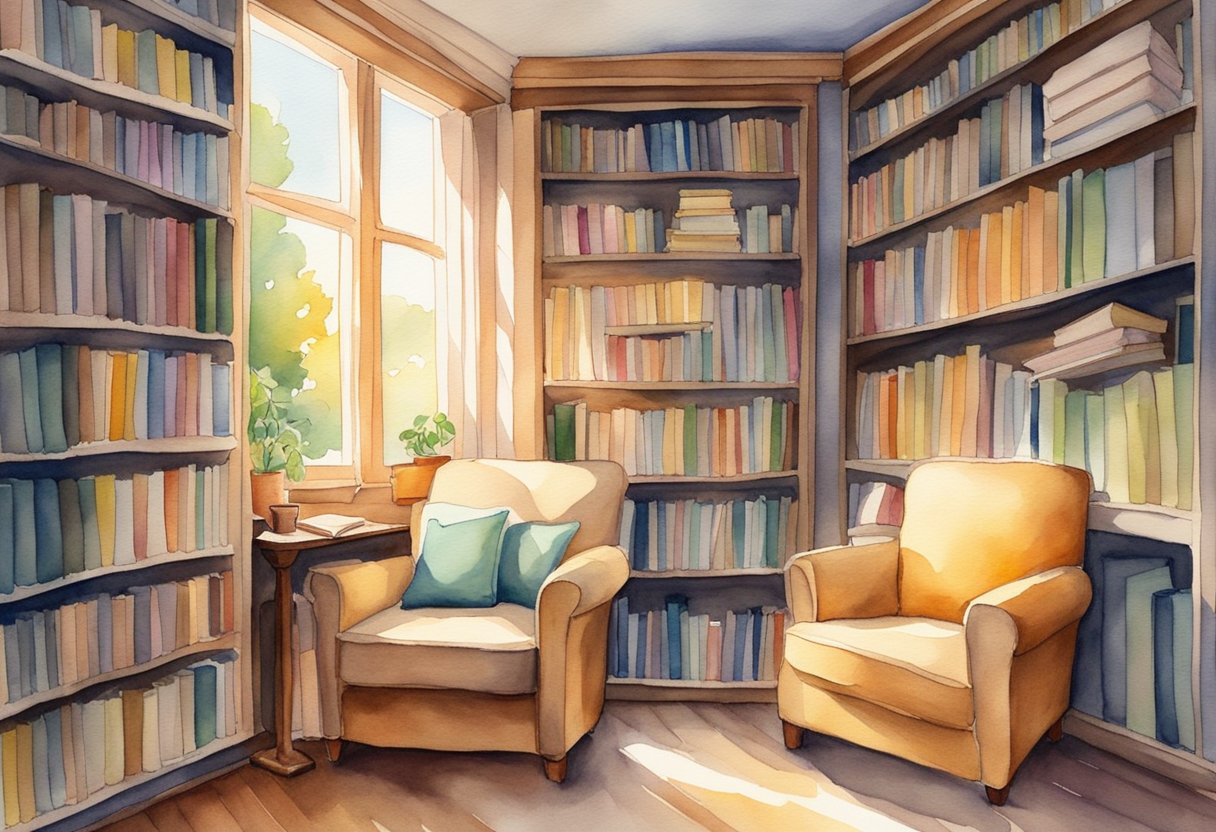 A cozy corner with a bookshelf filled with poetry anthologies, a comfortable chair, and a journal with colorful pens. Sunlight streams in through a window, casting a warm glow over the peaceful scene