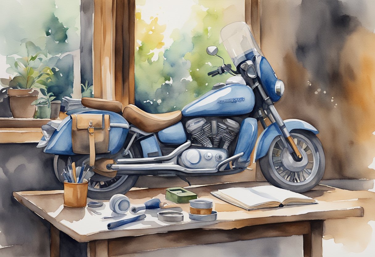 A motorcycle parked beside a table with tools and a manual. A person reading a book on motorcycle maintenance