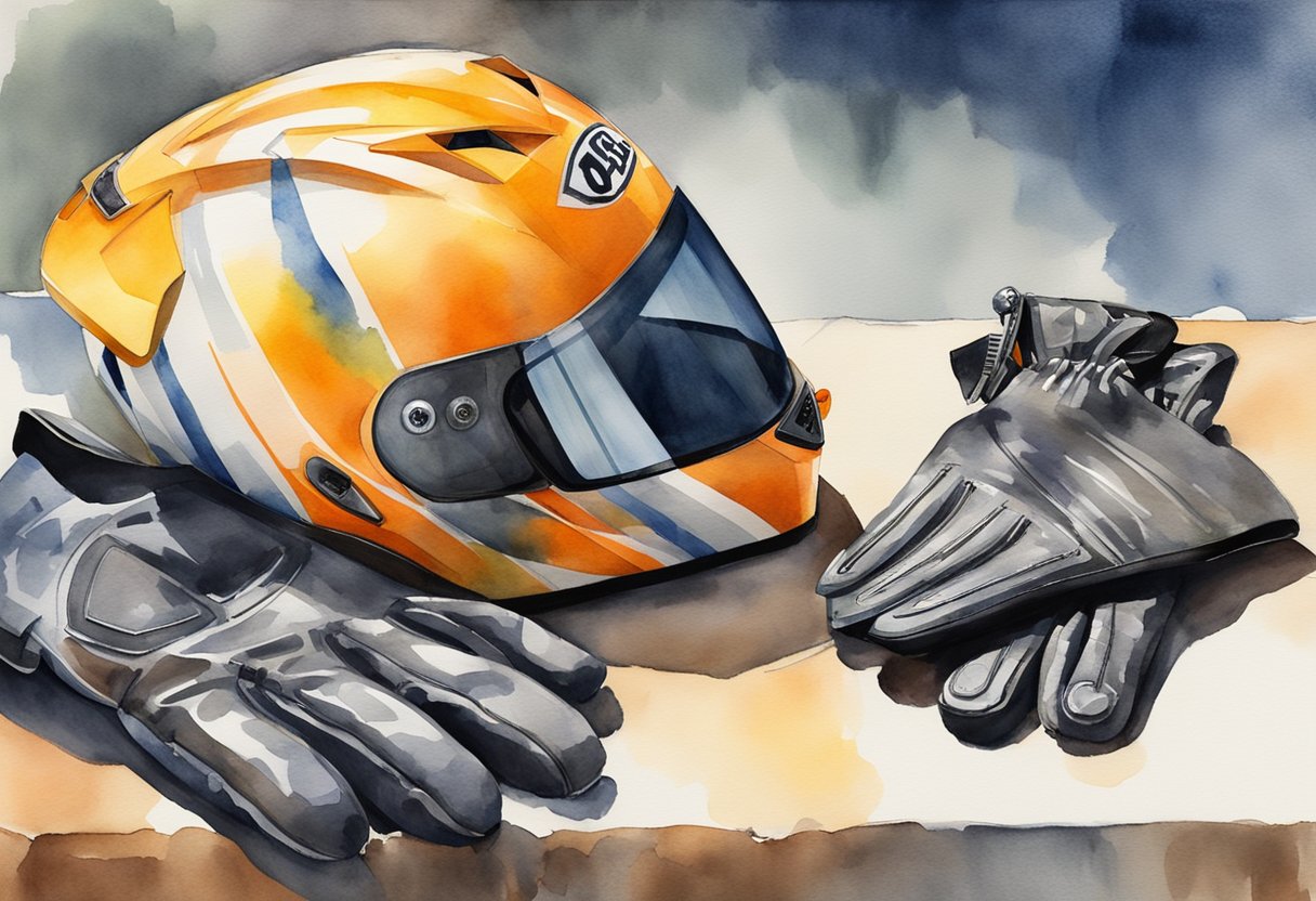 A motorcycle helmet, gloves, and protective jacket laid out next to a sleek bike. The gear is bright and well-worn, hinting at many thrilling rides ahead