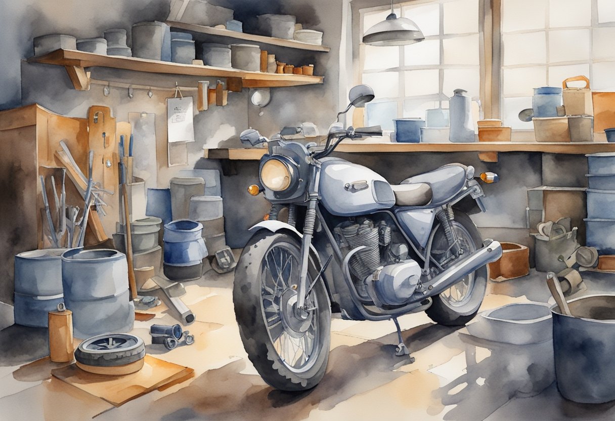 A motorcycle parked in a garage, surrounded by various tools, spare parts, and a calendar with upcoming racing events