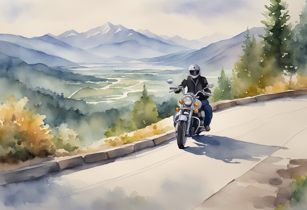 A motorcycle parked in a scenic overlook, with mountains in the background and a winding road leading off into the distance