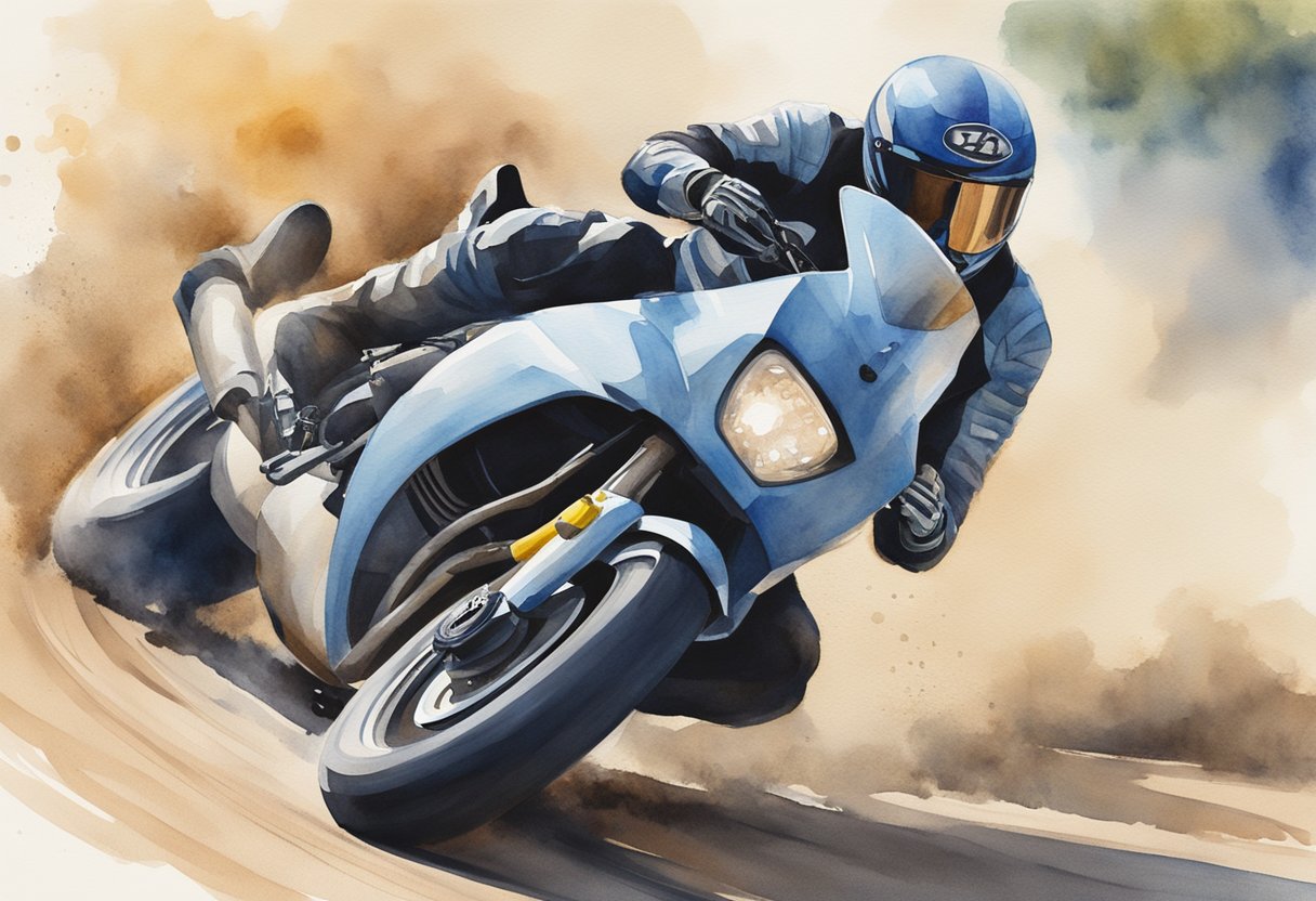 A sleek racing motorcycle zooms around a sharp corner on a winding track, kicking up dust and leaving a trail of tire marks behind