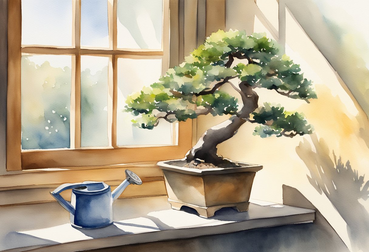 A bonsai tree sits on a windowsill, bathed in soft sunlight. A small watering can and a pair of pruning shears are neatly arranged nearby, ready for use