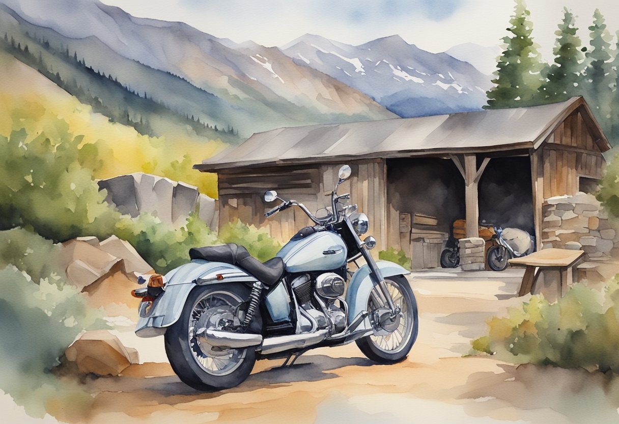 A motorcycle parked in front of a rustic garage, surrounded by rugged terrain and a scenic mountain backdrop