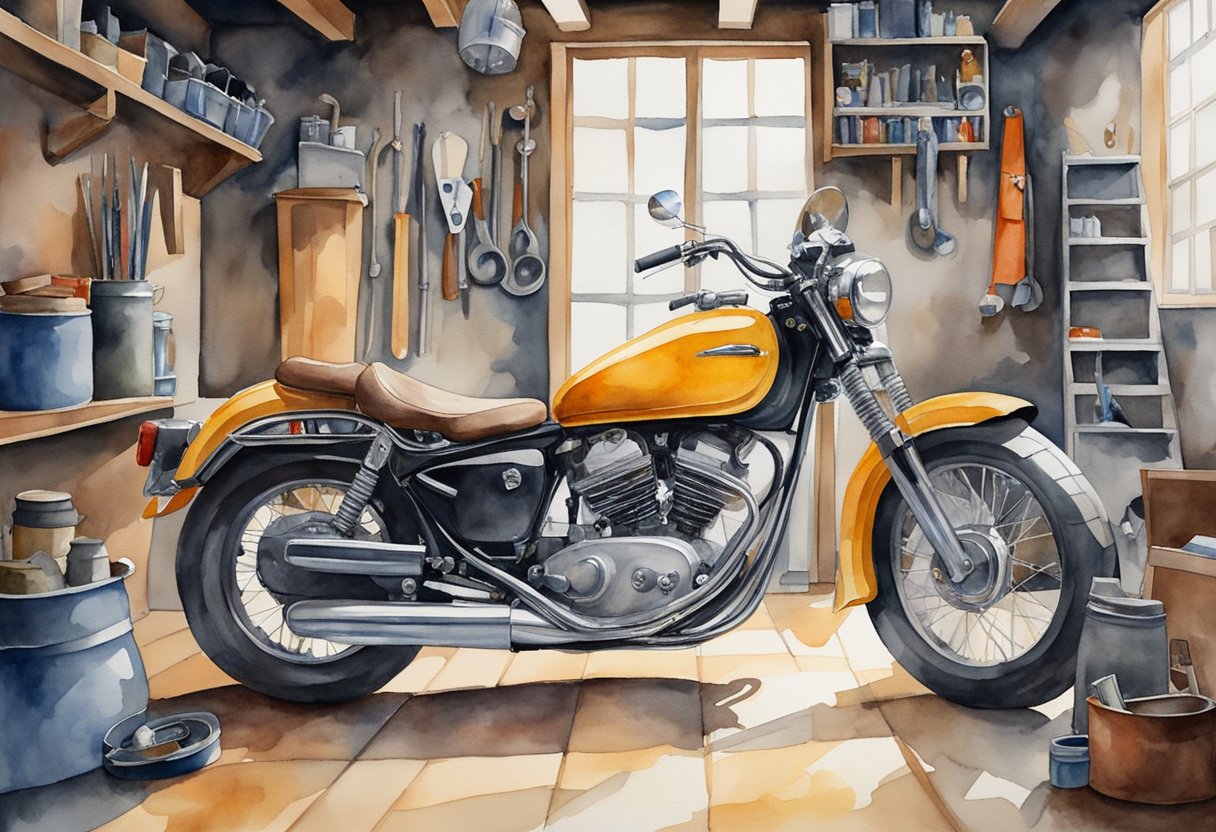 A gleaming motorcycle parked in a garage, surrounded by tools and gear. Posters of iconic bikes adorn the walls, hinting at the owner's passionate hobby