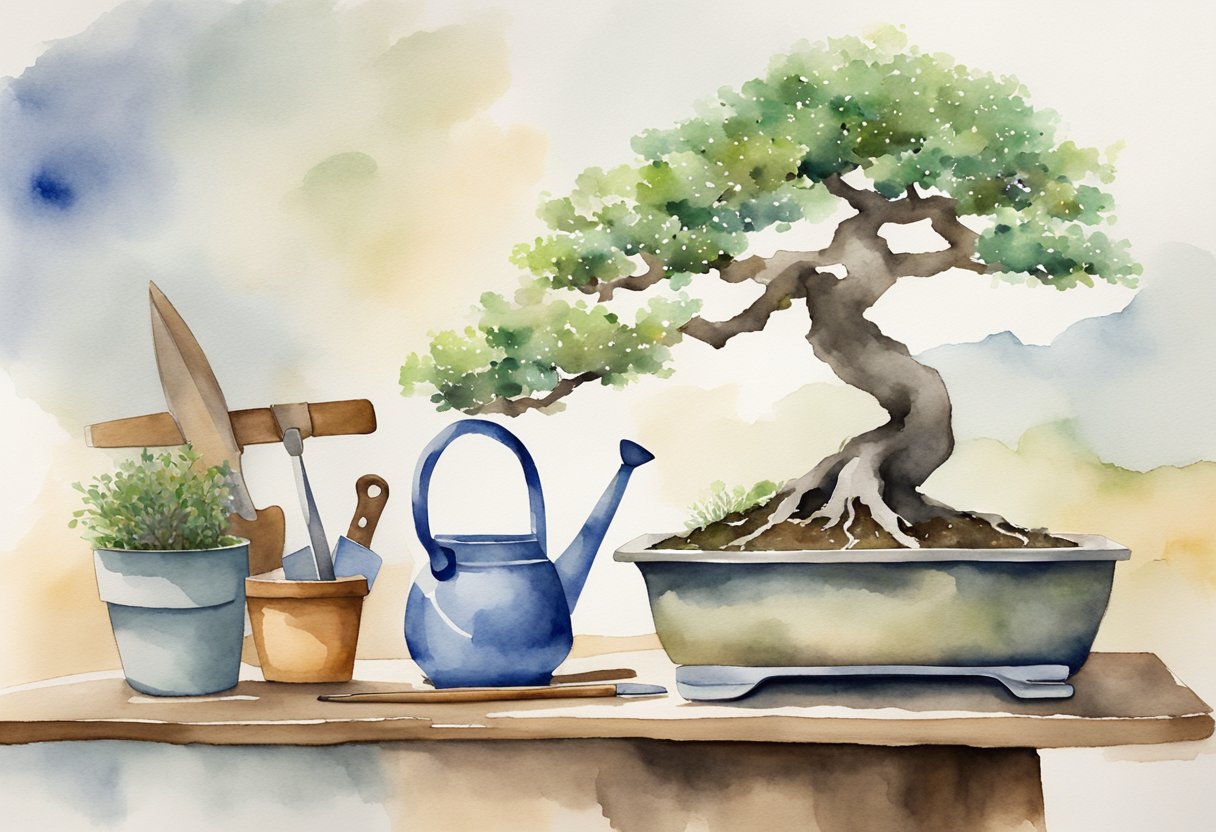 A bonsai tree sits on a wooden table, surrounded by small gardening tools and a watering can. The tree is meticulously pruned and shaped, with tiny leaves and delicate branches