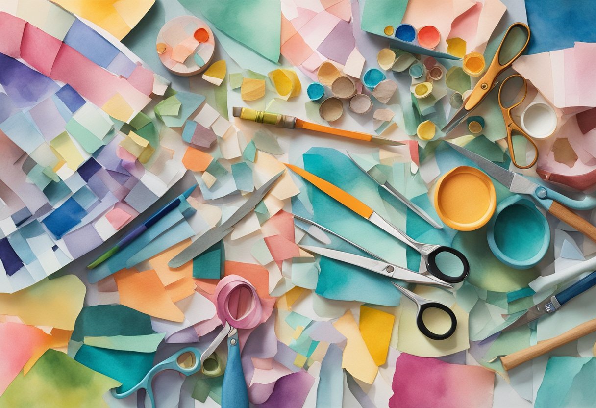 A table covered in colorful paper scraps, scissors, glue, and a variety of found objects. A pair of hands arranging and layering the materials to create a vibrant collage