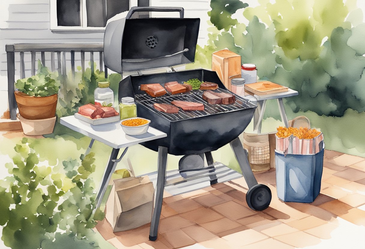 A backyard with a shiny new grill, surrounded by bags of charcoal and wood chips. A stack of cookbooks and a cooler filled with marinated meats sit nearby. A small table holds an assortment of grilling tools and seasonings
