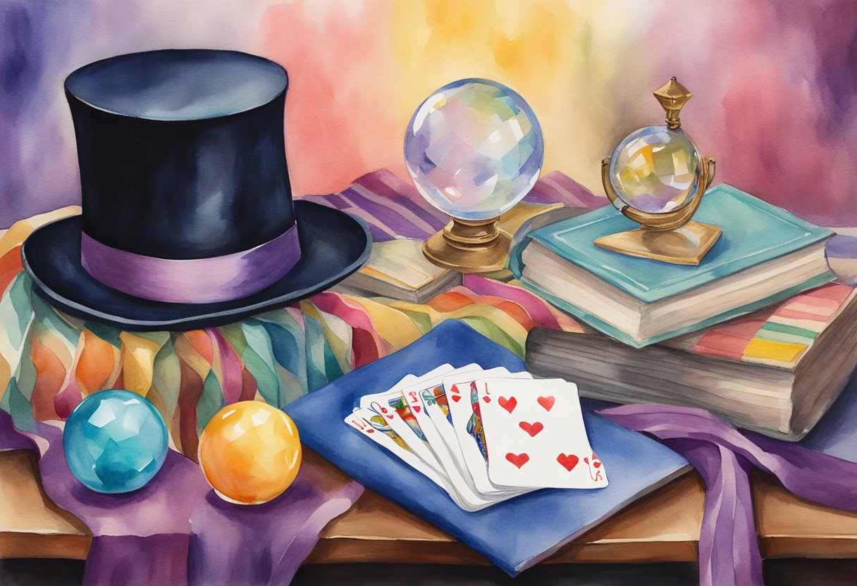 A table covered in colorful scarves, a deck of cards, and a top hat. A wand and a book titled "Beginner's Guide to Magic Tricks" lie next to a crystal ball