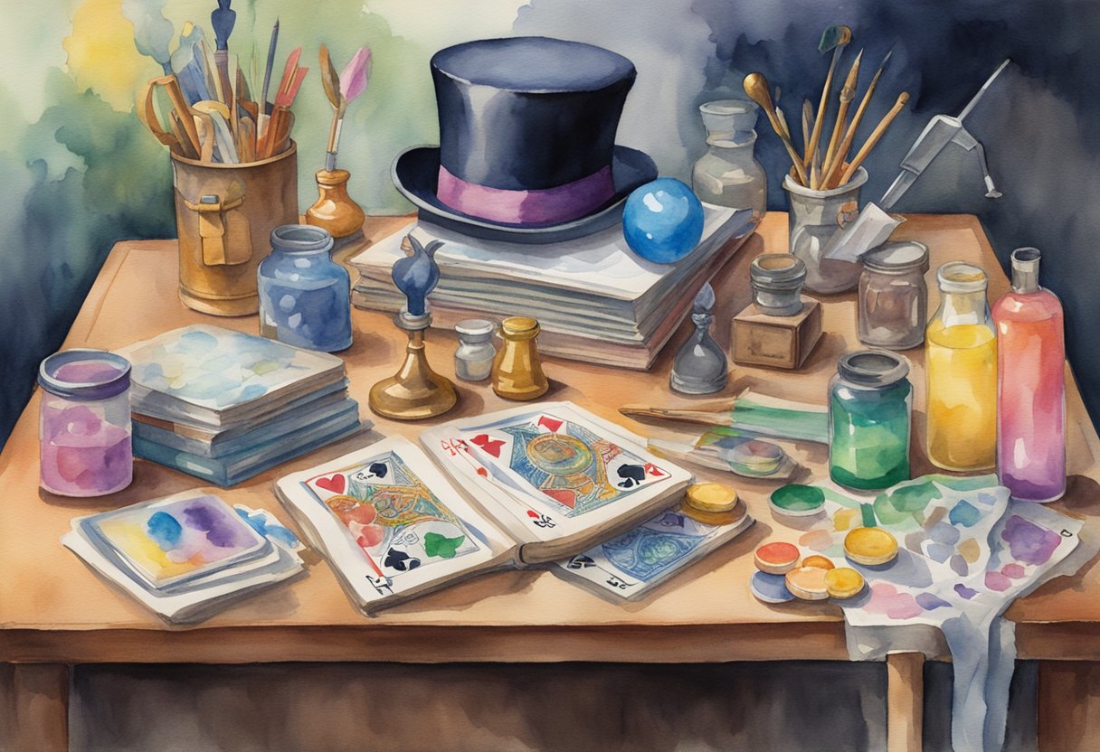 A table covered in a colorful array of props and tools for magic tricks, including decks of cards, coins, wands, and a top hat. A book titled "Beginner's Guide to Magic Tricks" is open, with illustrations and instructions visible