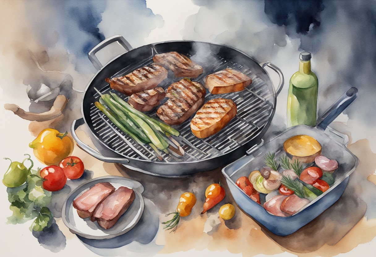 A grill sizzling with various meats and vegetables, smoke rising into the air. A pair of tongs and a basting brush sit nearby, ready for use