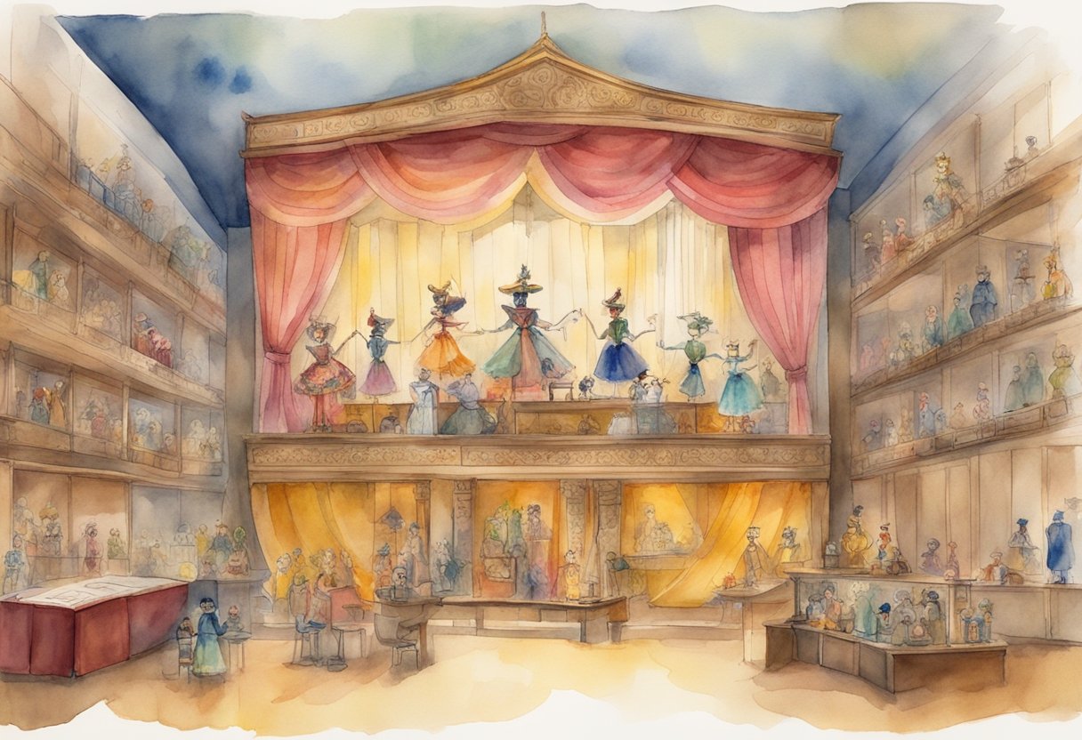 A colorful stage with various puppets on display, from traditional marionettes to hand puppets. A book titled "History of Puppetry" sits open on a nearby table