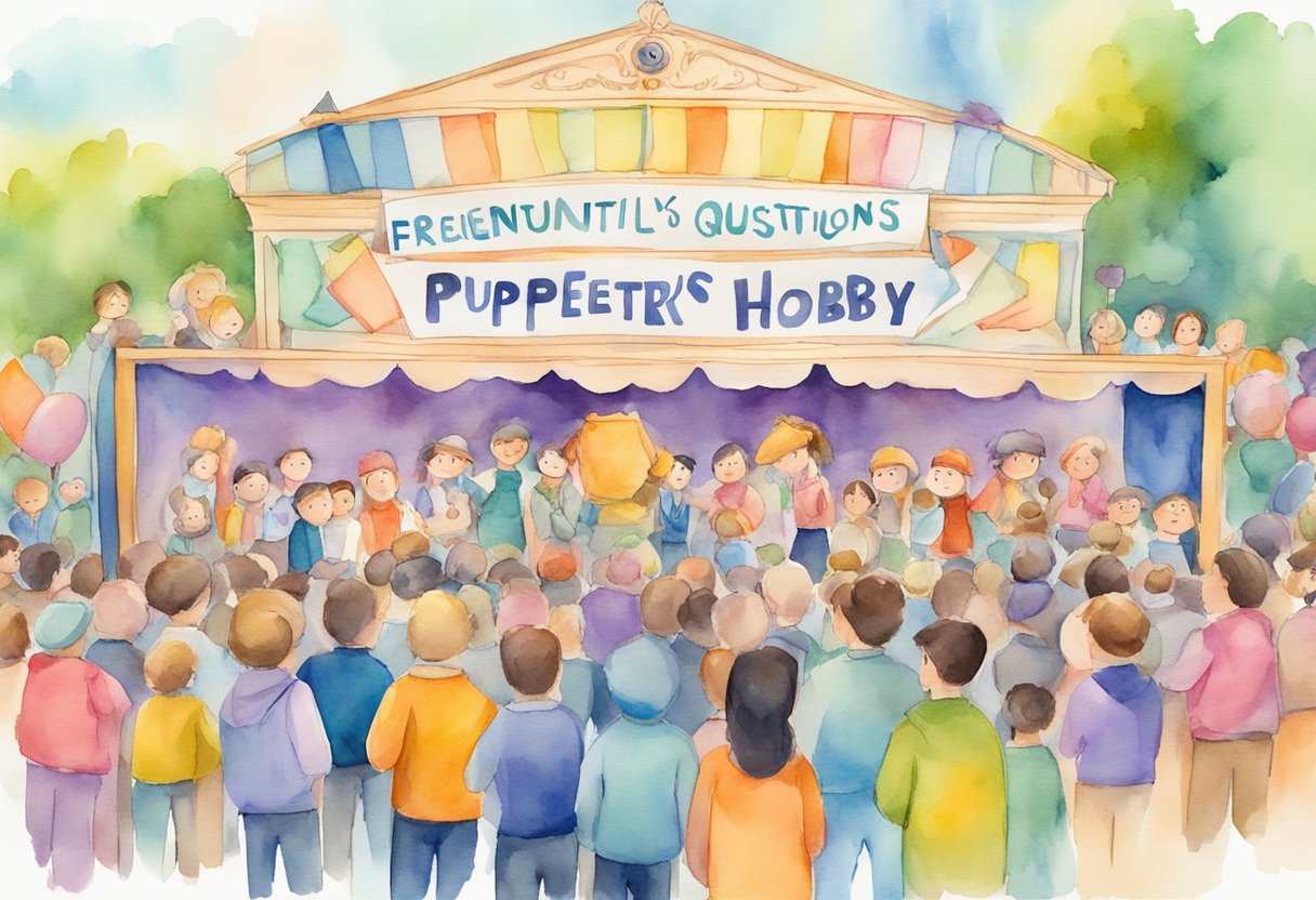 A colorful puppet stage with various puppets on display, surrounded by a crowd of curious onlookers. A sign reads "Frequently Asked Questions Beginner's Guide to Puppetry as a Hobby"