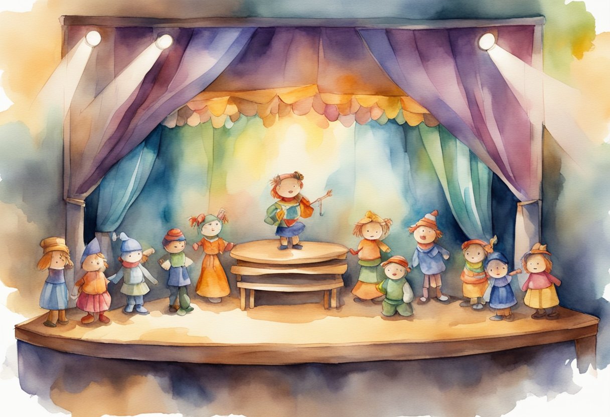 A colorful puppet stage with various puppets in different poses, surrounded by props and a spotlight, creating an inviting and enchanting atmosphere