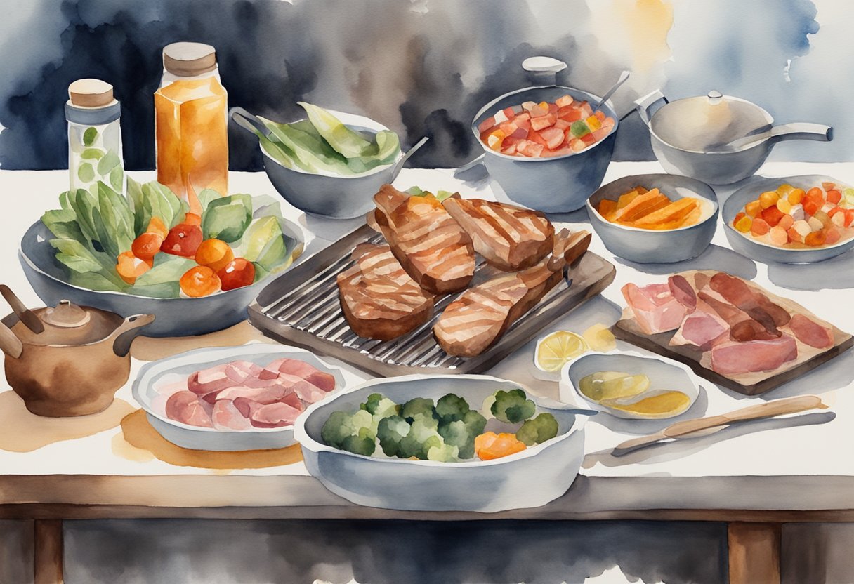 Various meats and vegetables being seasoned and marinated, a grill heating up, and utensils and condiments laid out on a table