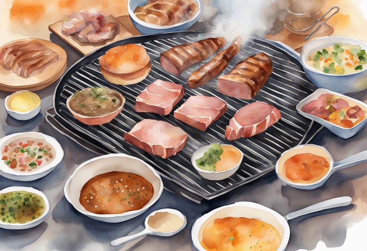 Various meats sizzling on a grill, smoke rising, with a variety of seasonings and sauces nearby. A beginner's guide book open on a table
