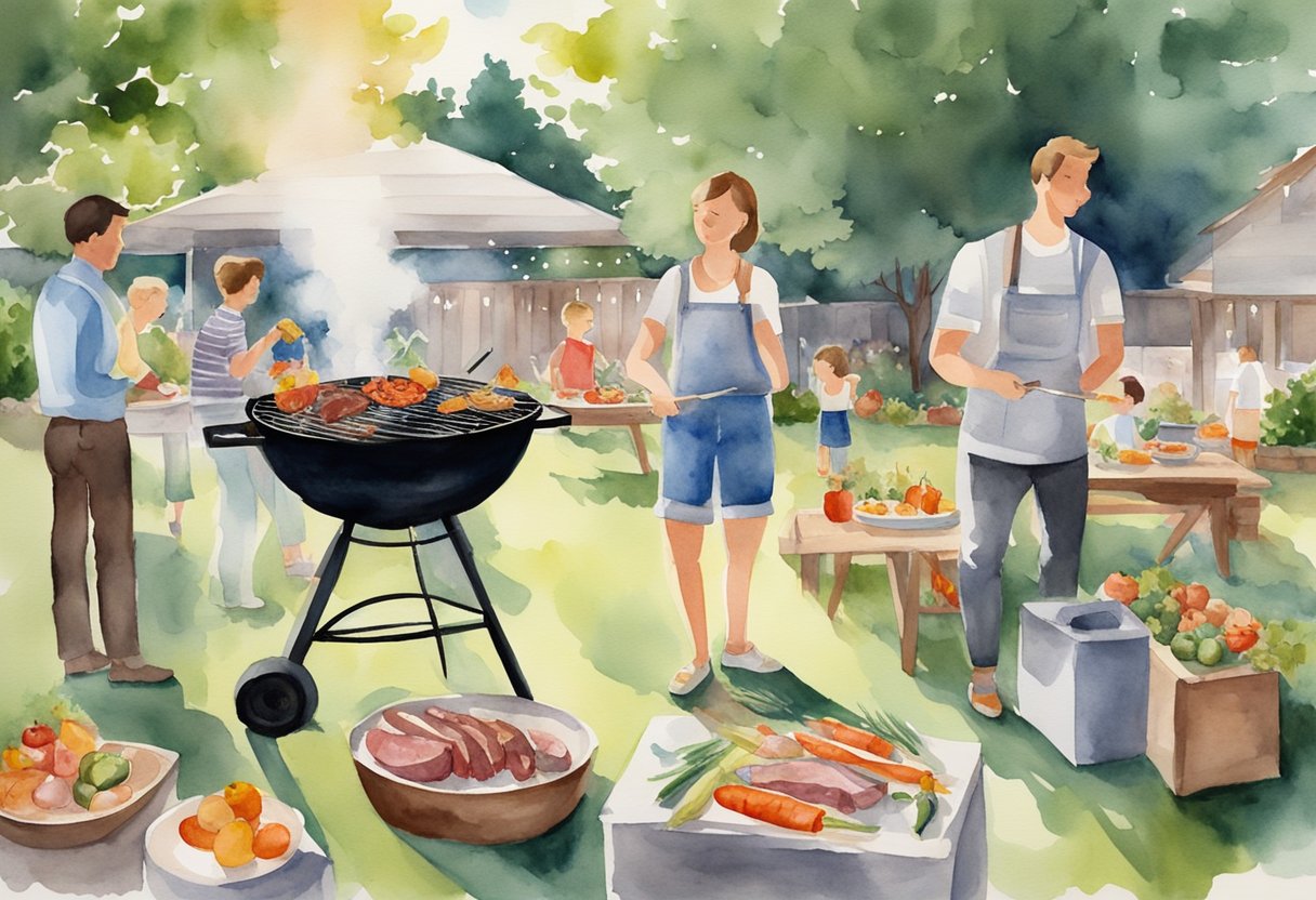 A backyard barbecue with a variety of meats and vegetables grilling over hot coals, surrounded by friends and family enjoying the delicious aroma and sizzling sounds